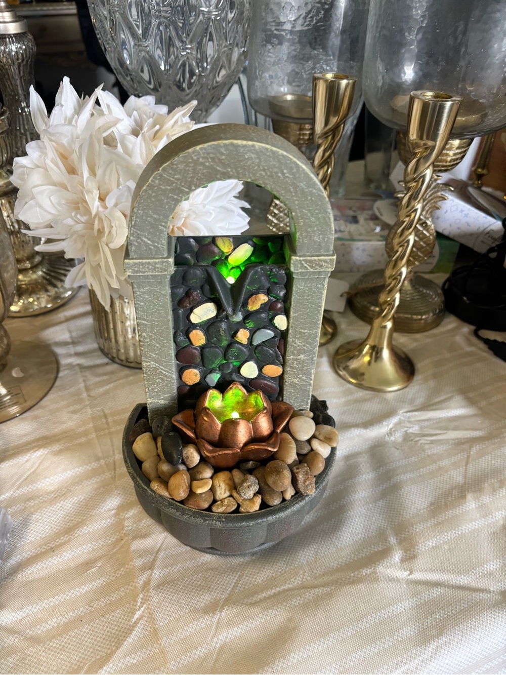 Tabletop Decorative Water Fountain with Lotus Accent - Stone Gray